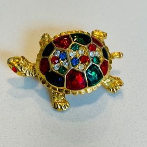 Gold Enamel, Crystal Sea Turtle Pin Brooch.